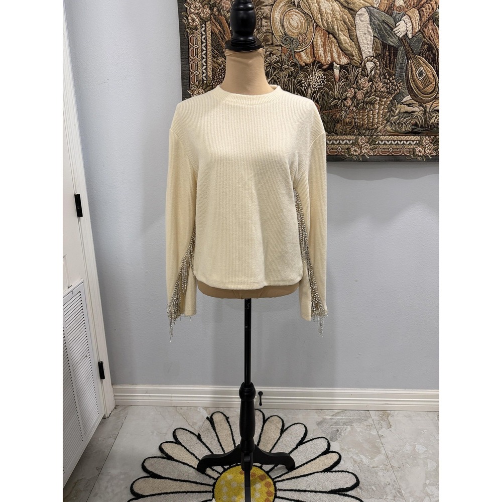 Rhinestone Fringe Sweater Womens Small Cream Ribbed Knit Long Sleeve Party
